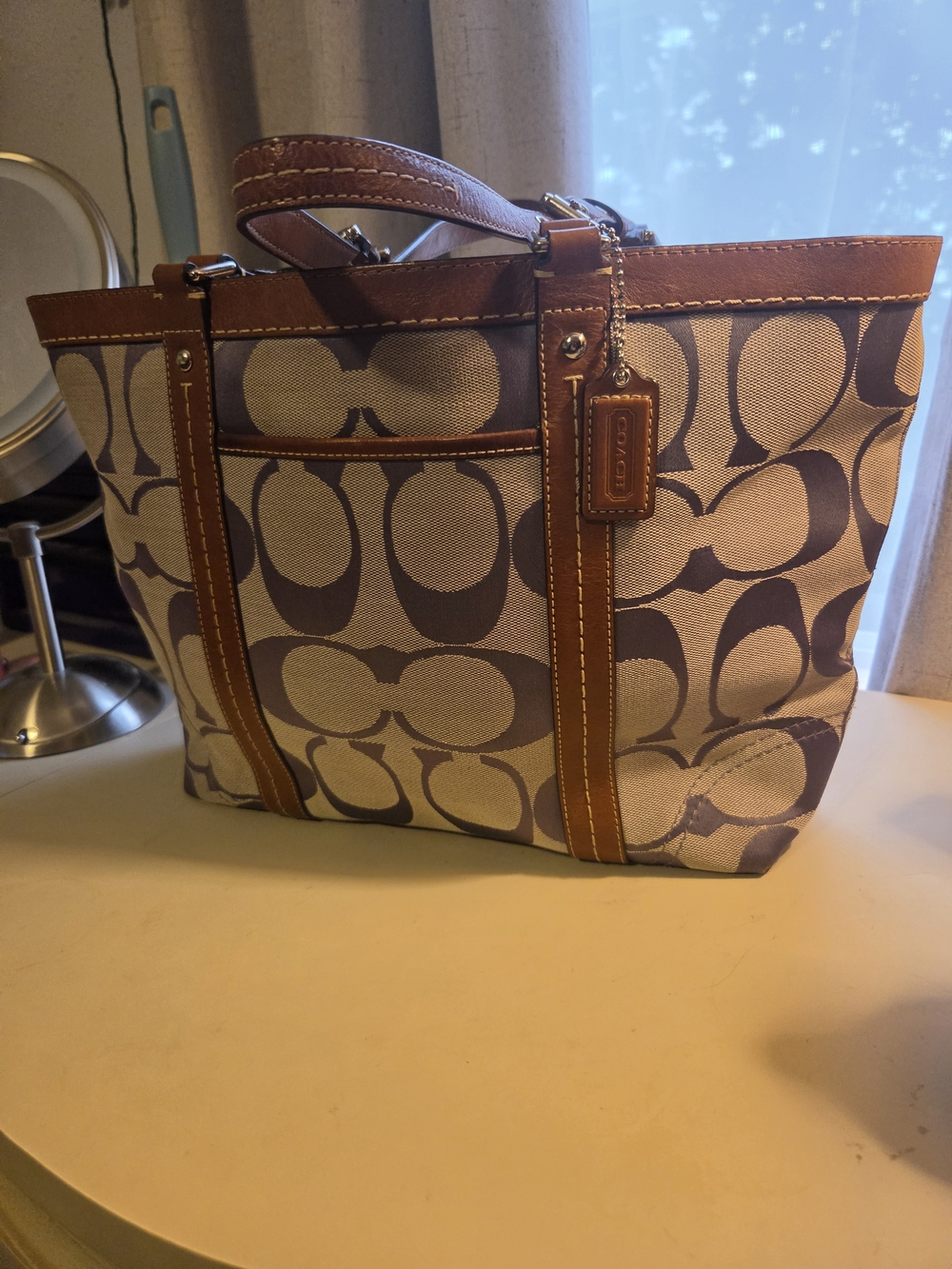 VTG Y2K Coach Signature Jacquard Tote Bag • Lilac/Lavender & Brown Leather